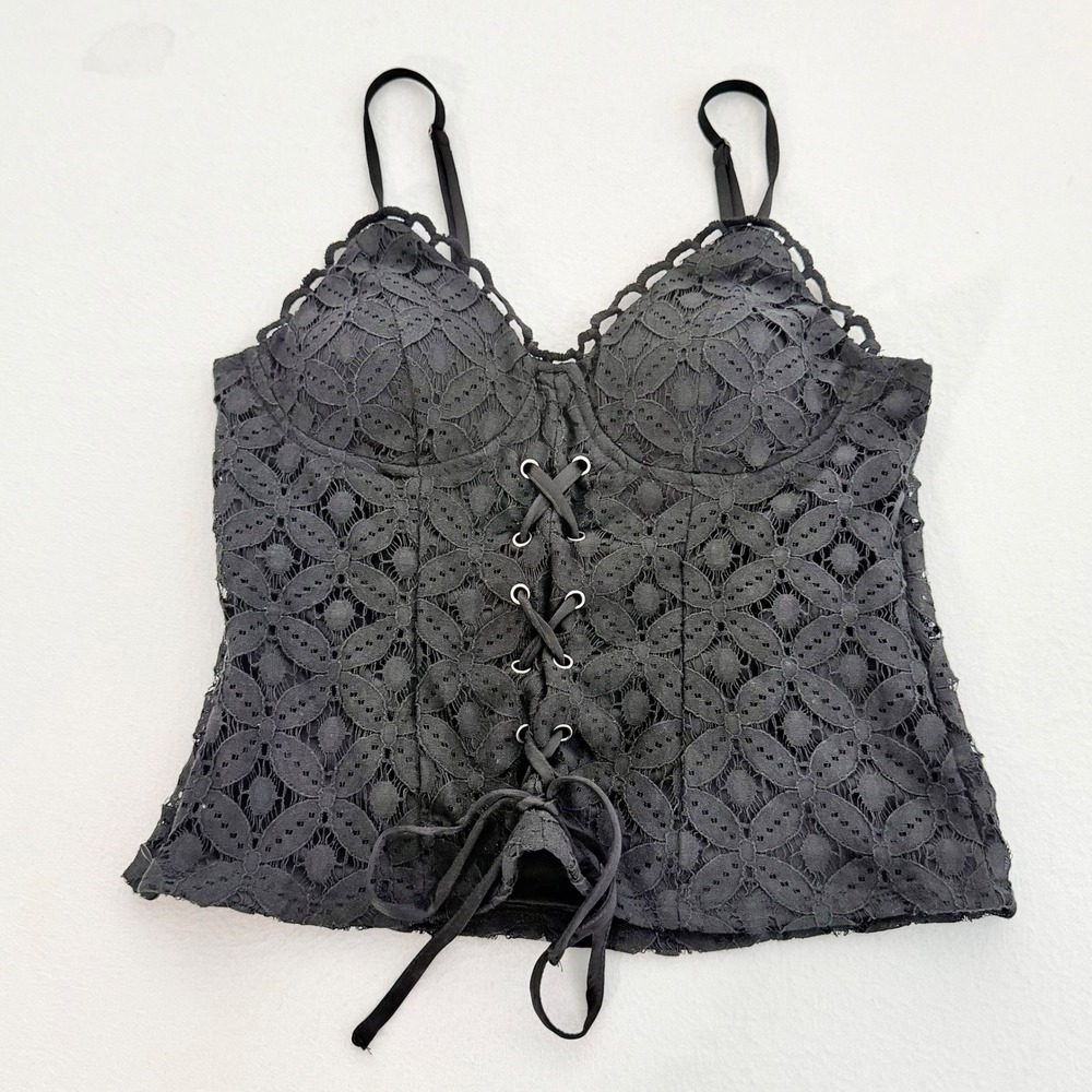 Lily Star Black Lace Corset Top Y2K Dark Coquette Bustier Lace Up Camisole M - Picture 8 of 15
